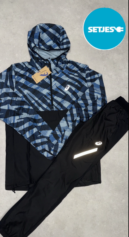 ASICS Pattern Windrunner Set – Blue Graphic Jacket x Black Jogger